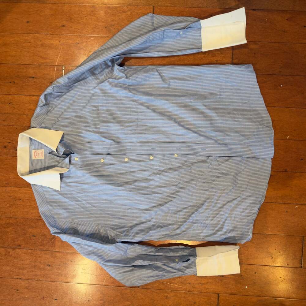 Brooks Brothers 346 Dress Shirt 16.5x36 Blue White Stripe Contrast Collar